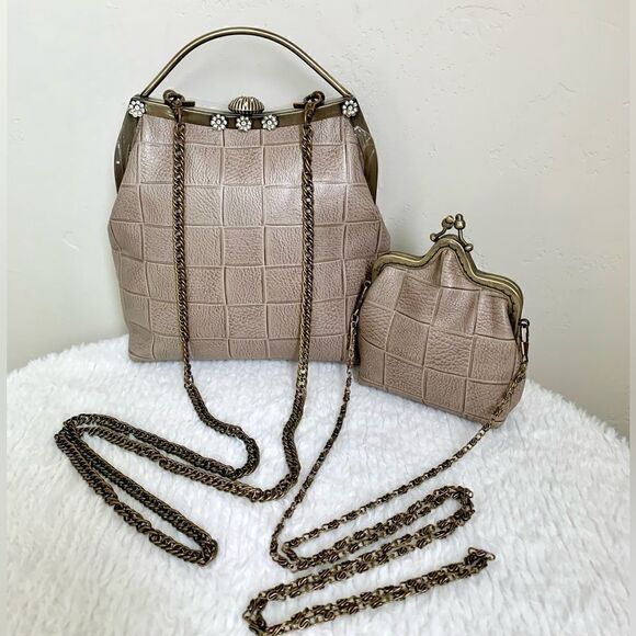 Handmade Genuine Embossed Leather Top Handle Bag & Castle Shaped Coin Purse Set - Picture 1 of 16